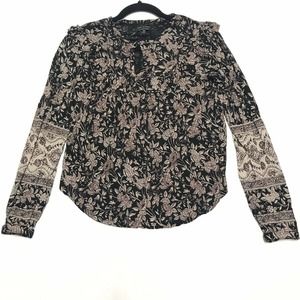 Lucky Brand XS Floral Black Long Sleeve Ruffle Top